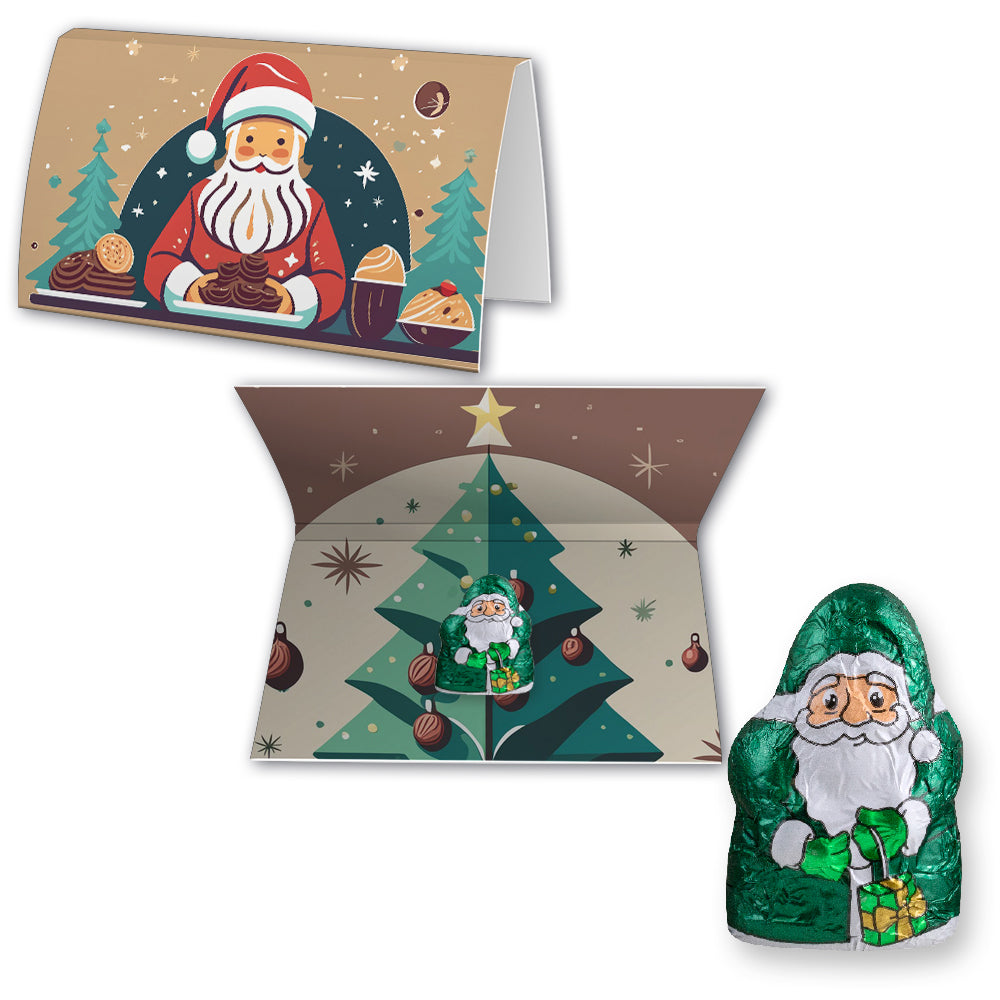 Schoko Weihnachtsmänner in der Werbekarte A6 – Mini Schoko Weihnachtsmänner mit Hirse und Haselnuss, ca. 7 g