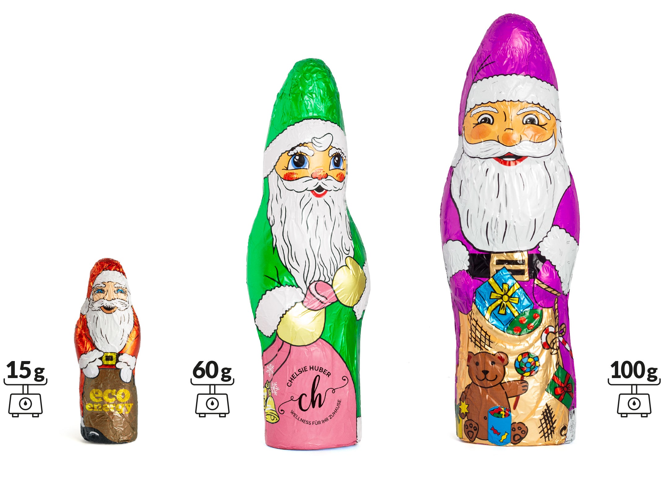 Weihnachtsmann aus Vollmilchschokolade in eigener Folie, Übersicht