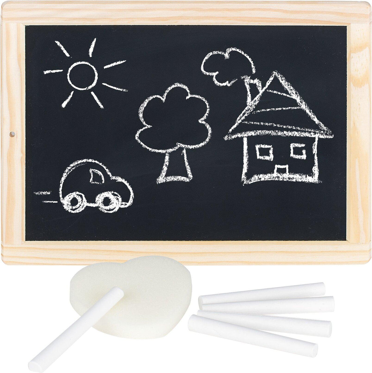 Schreibtafel aus Holz, 26 cm breit, mit Schwamm und Kreide – Ansicht