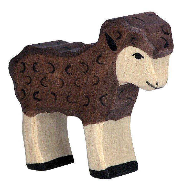 Schwarzes Schaf als Holzfigur mit Logo von HOLZTIGER
