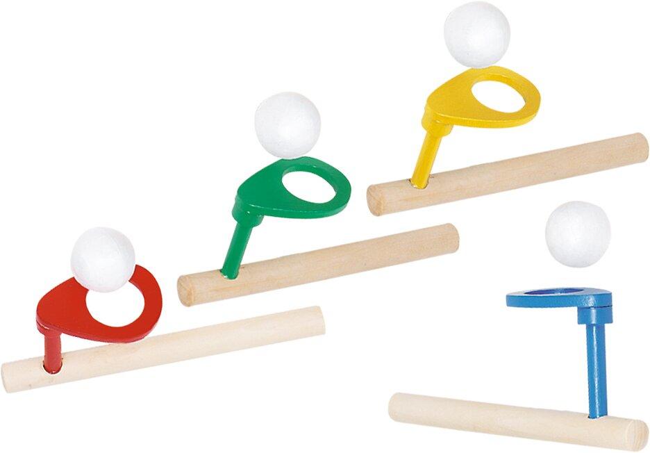 Schwebender Ball Pustespiel aus Holz in vier Farben