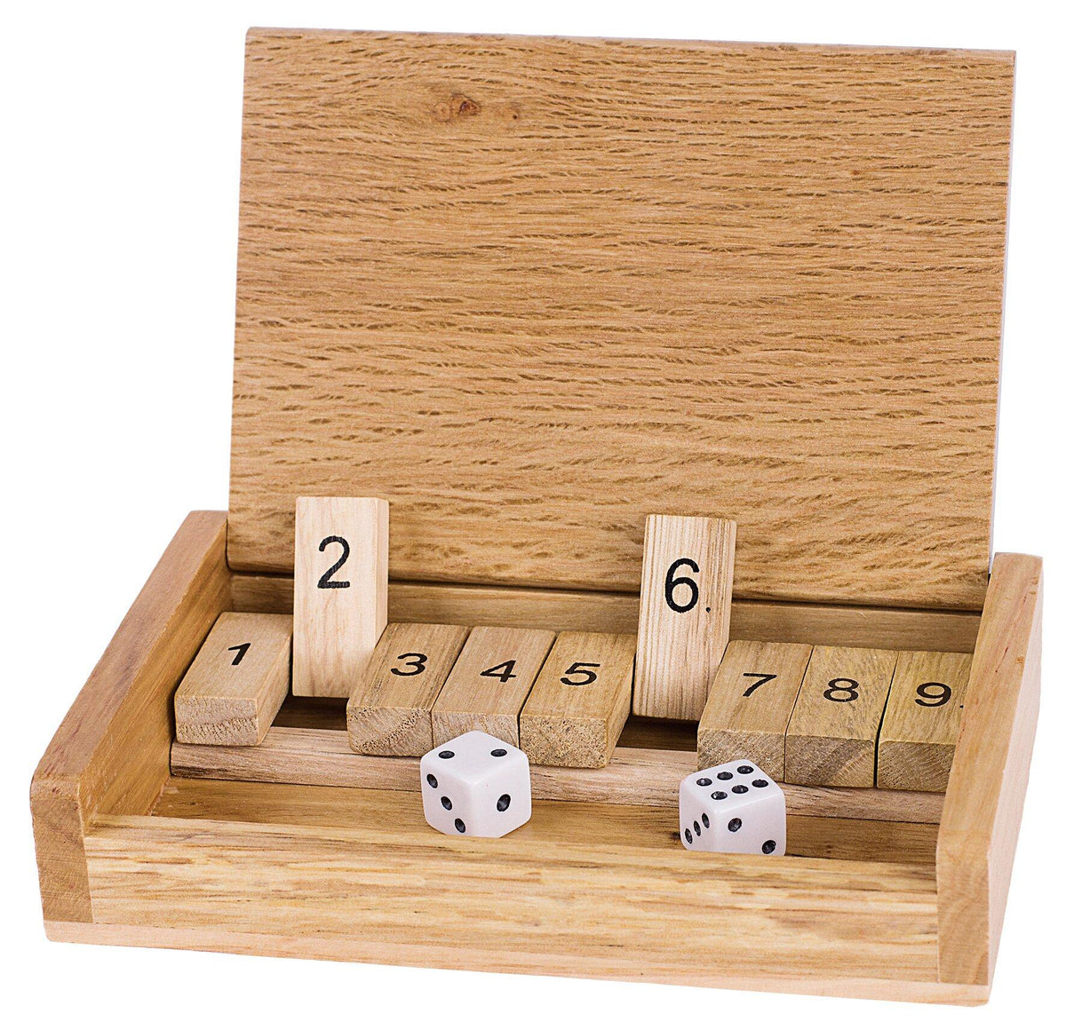 Shut the box als Reisespiel in der Holzbox, 13,5 x 8,7 cm – Ansicht