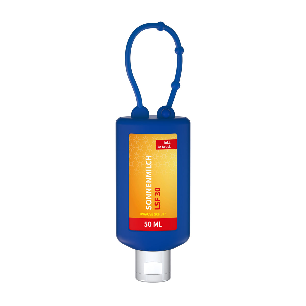 Sonnenmilch LSF 30 50 ml Anhängeflasche mit Silikonhülle – Blau