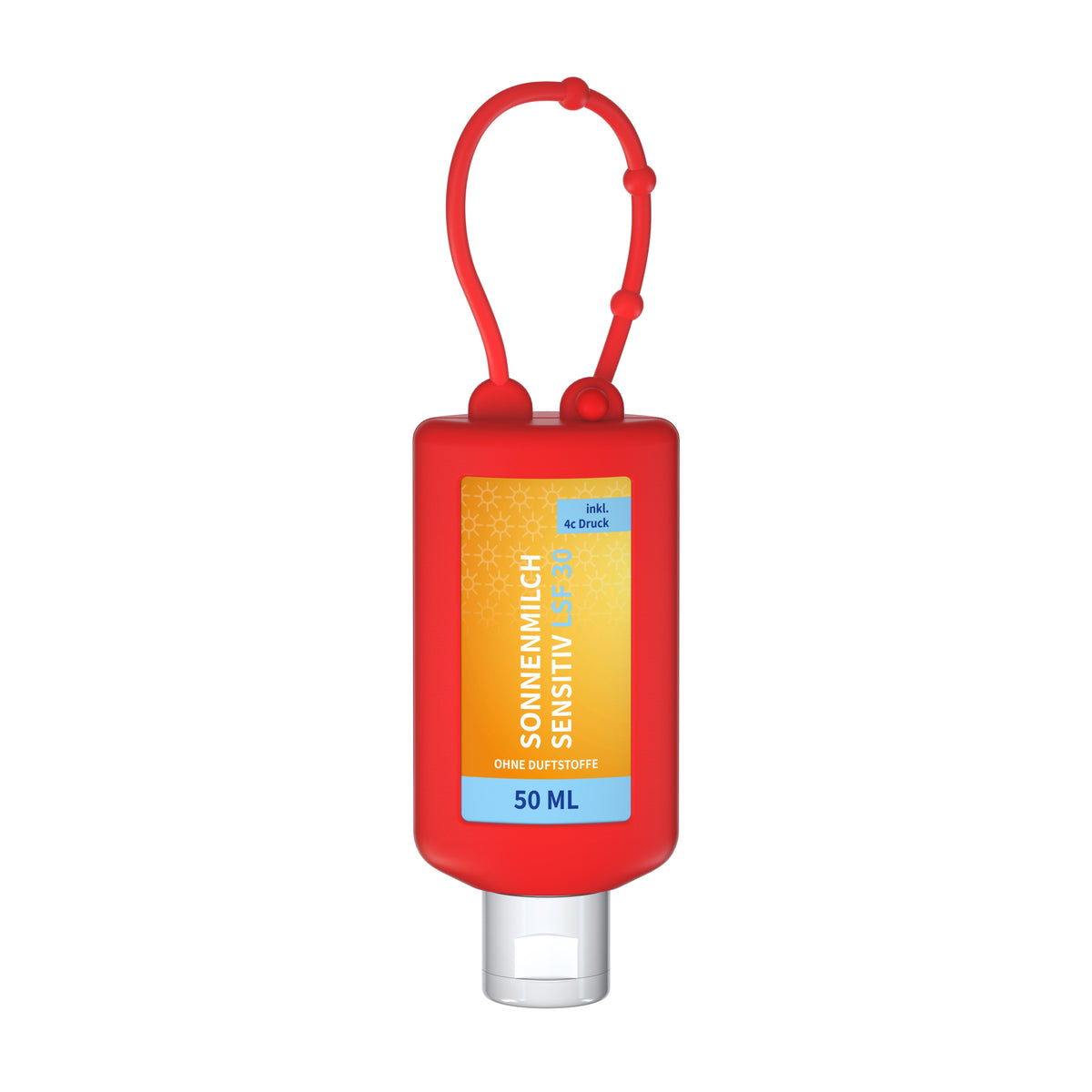 Sonnenmilch sensitiv LSF 30 50 ml Anhängeflasche mit Silikonhülle – Rot