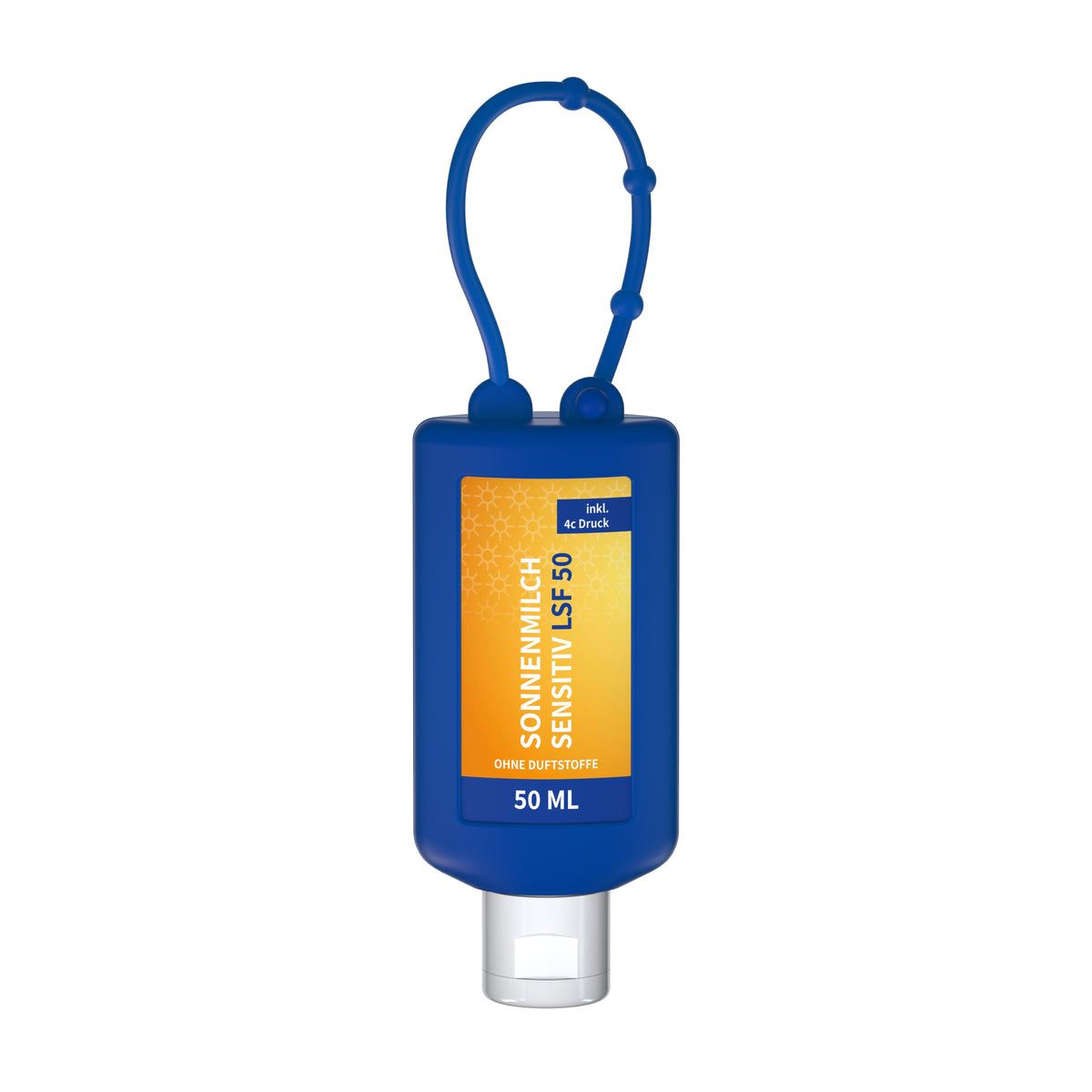 Sonnenmilch sensitiv LSF 50 50 ml Flasche mit Anhängeschlaufe – Blau