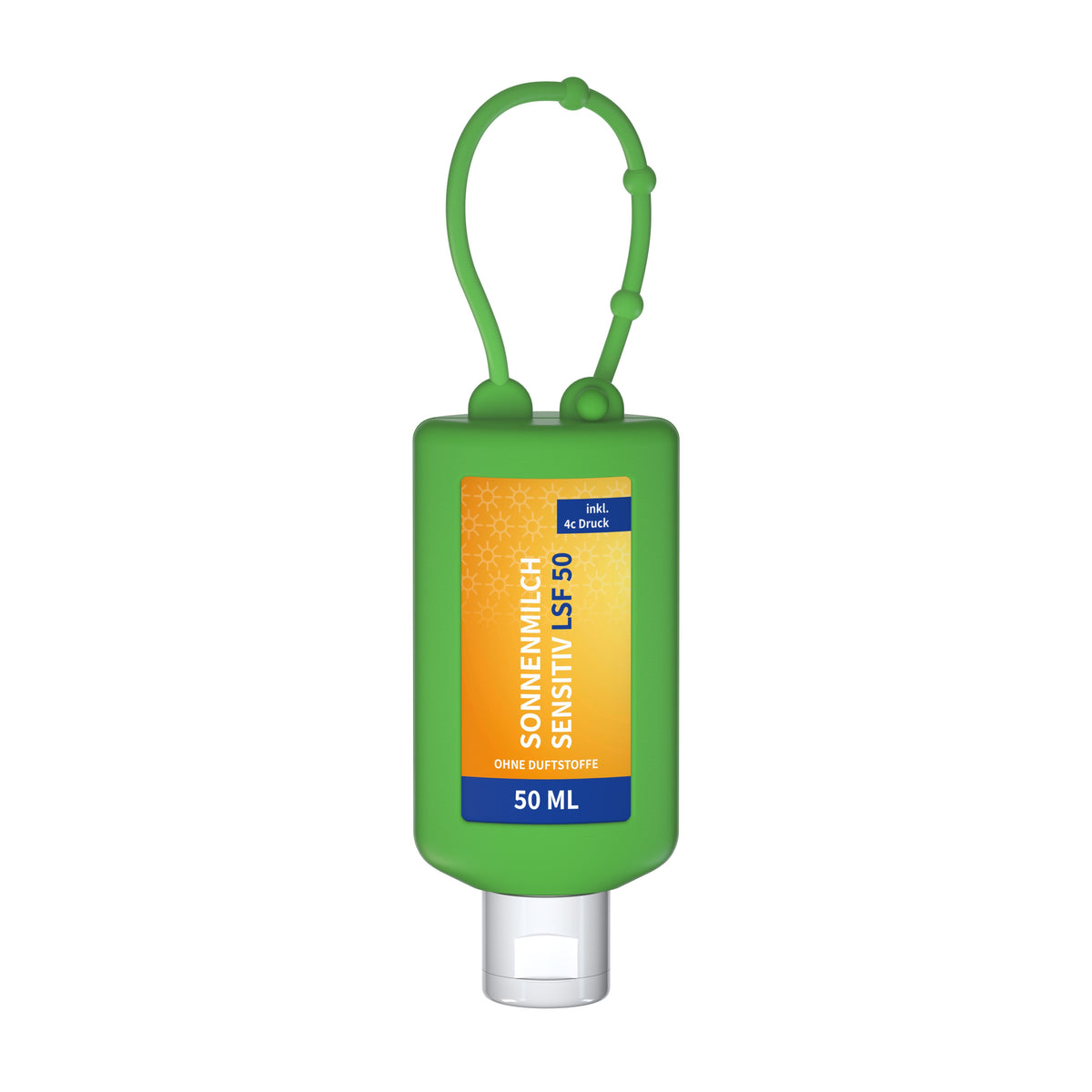 Sonnenmilch sensitiv LSF 50 50 ml Flasche mit Anhängeschlaufe – Grün