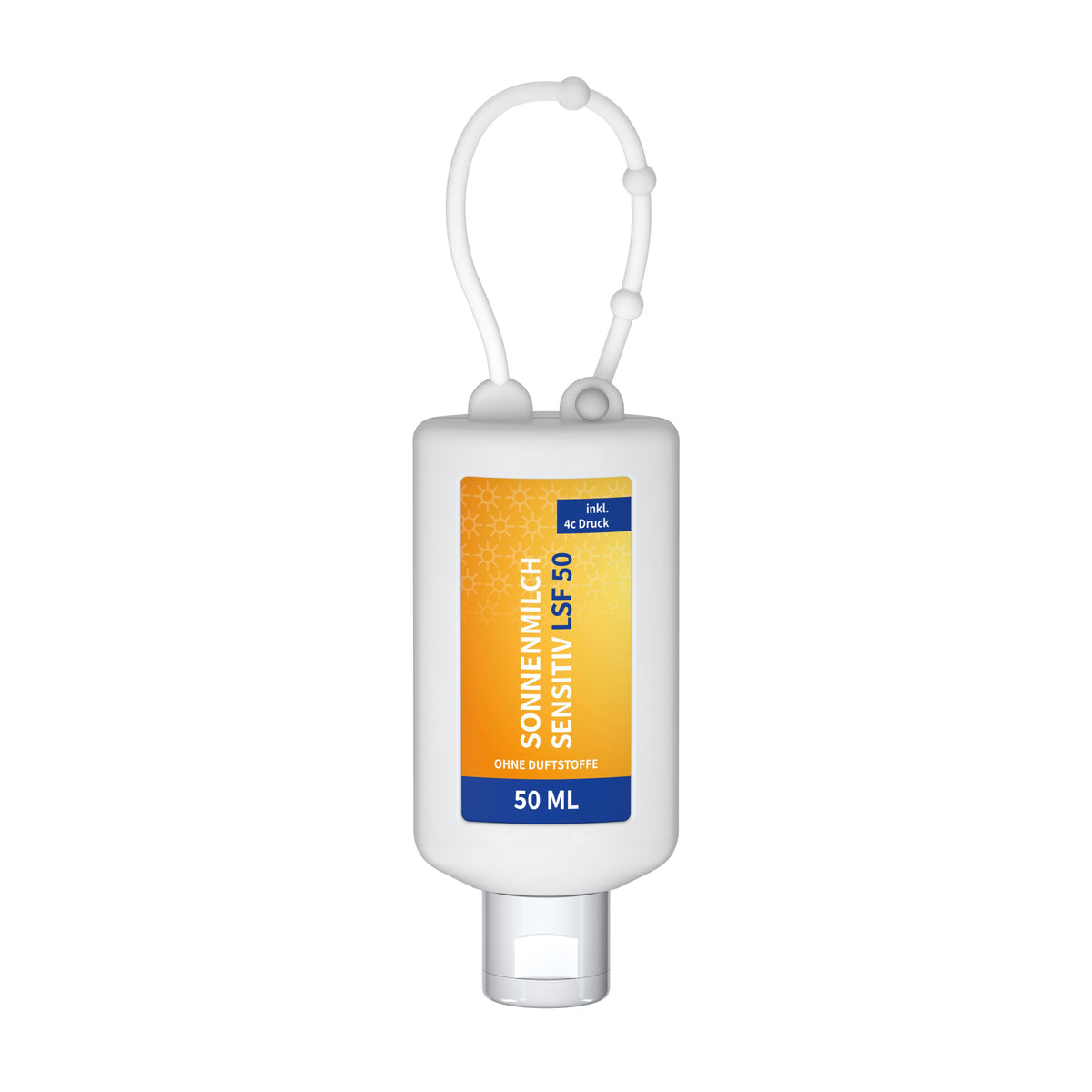 Sonnenmilch sensitiv LSF 50 50 ml Flasche mit Anhängeschlaufe – Weiß