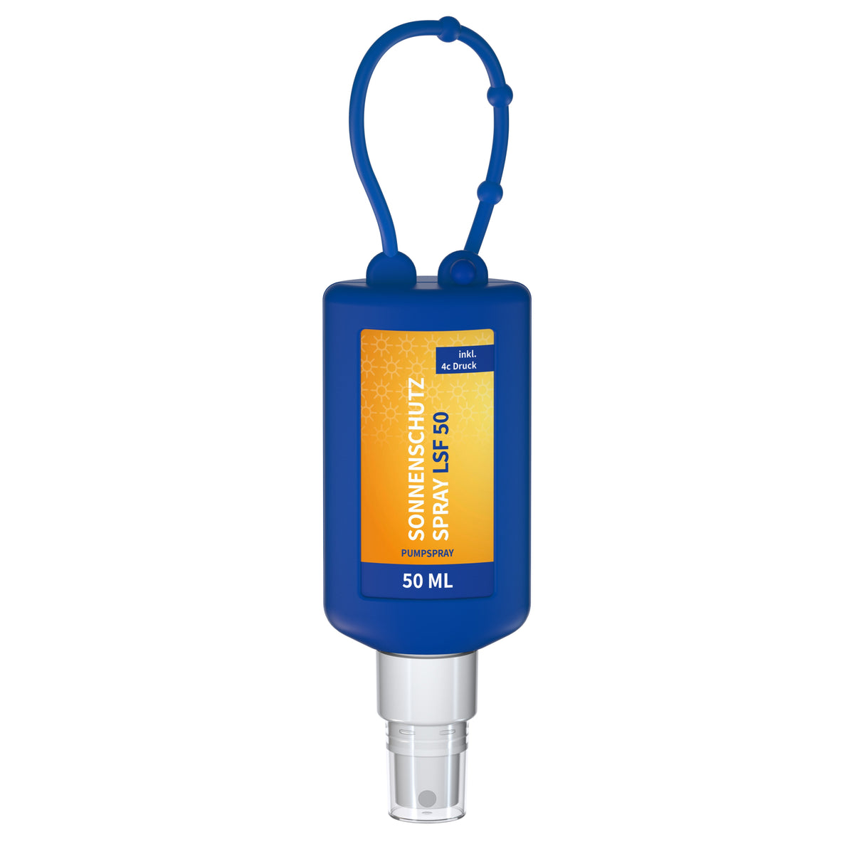 Sonnenschutzspray LSF 50 50 ml Flasche mit Anhängeschlaufe – Blau