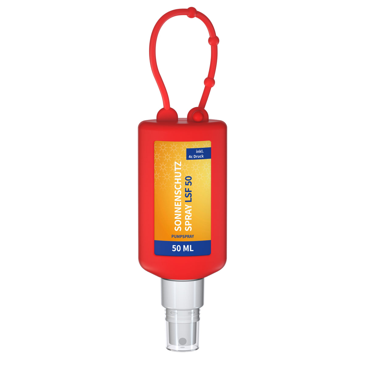 Sonnenschutzspray LSF 50 50 ml Flasche mit Anhängeschlaufe – Rot
