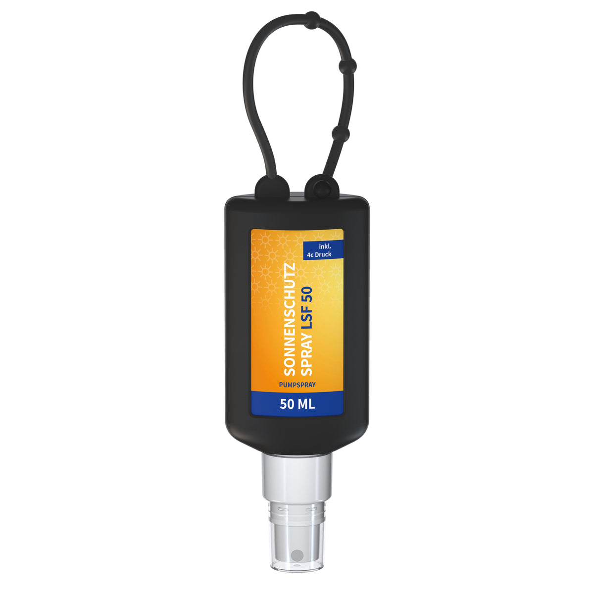 Sonnenschutzspray LSF 50 50 ml Flasche mit Anhängeschlaufe – Schwarz