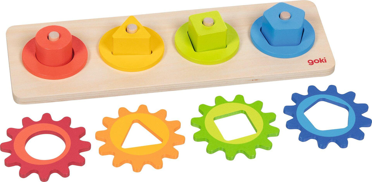 Sortierspiel mit vier bunten Zahnrädern aus Holz – weitere Ansicht