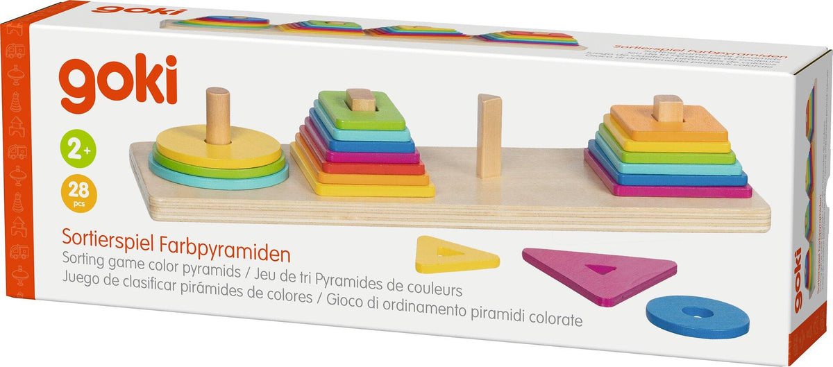 Sortierspiel mit vier Farbpyramiden aus 28 Holzteilen – Verpackung
