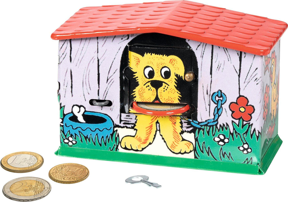 Spardose Hund in der Hundehütte aus Blech – Ansicht