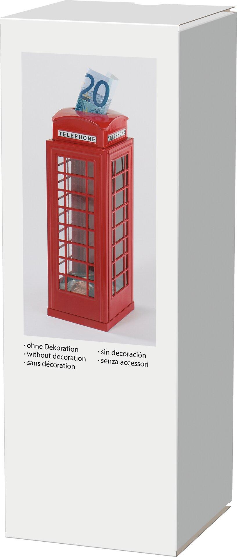 Spardose im Telefonzellendesign aus rotem Blech – Detail