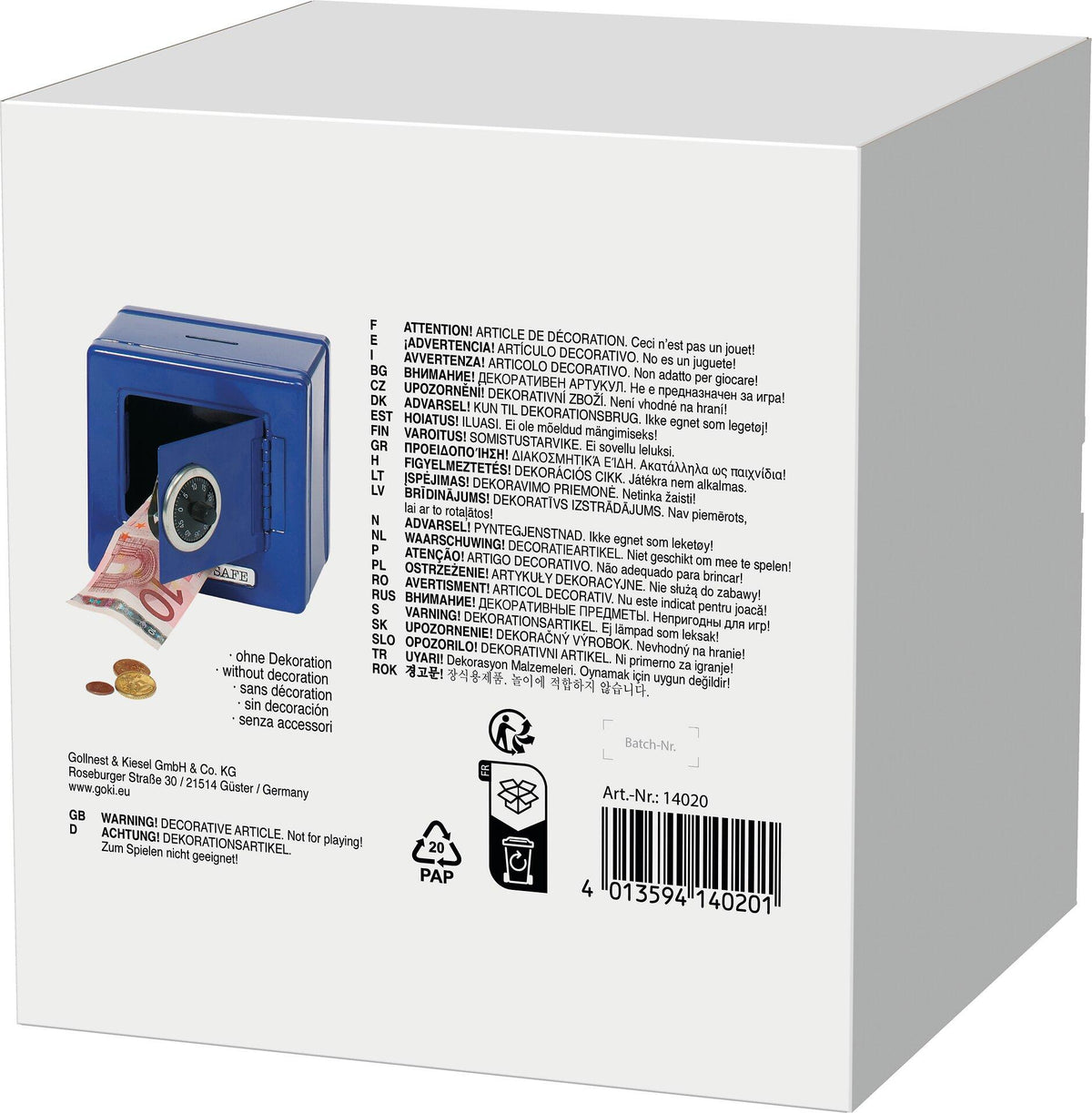 Spardose Metalltresor blau mit Kombinationsschloss – weitere Ansicht