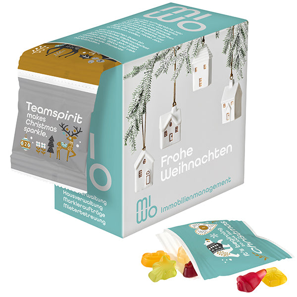Spenderbox mit Firmenmotiv und herausragender Fruchtgummi Adventskette