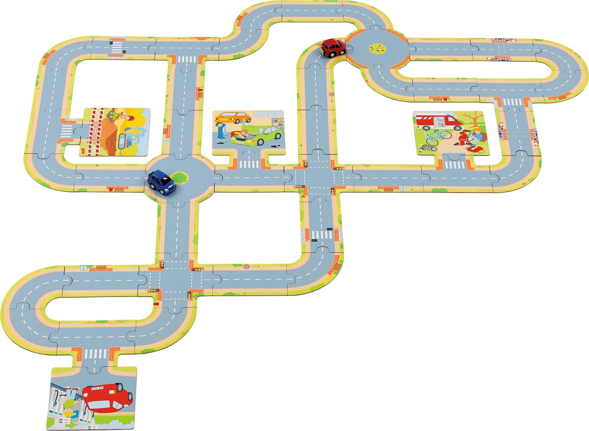 Spielstraße Set aus Pappe mit zwei Fahrzeugen aus Spritzguss – Ansicht