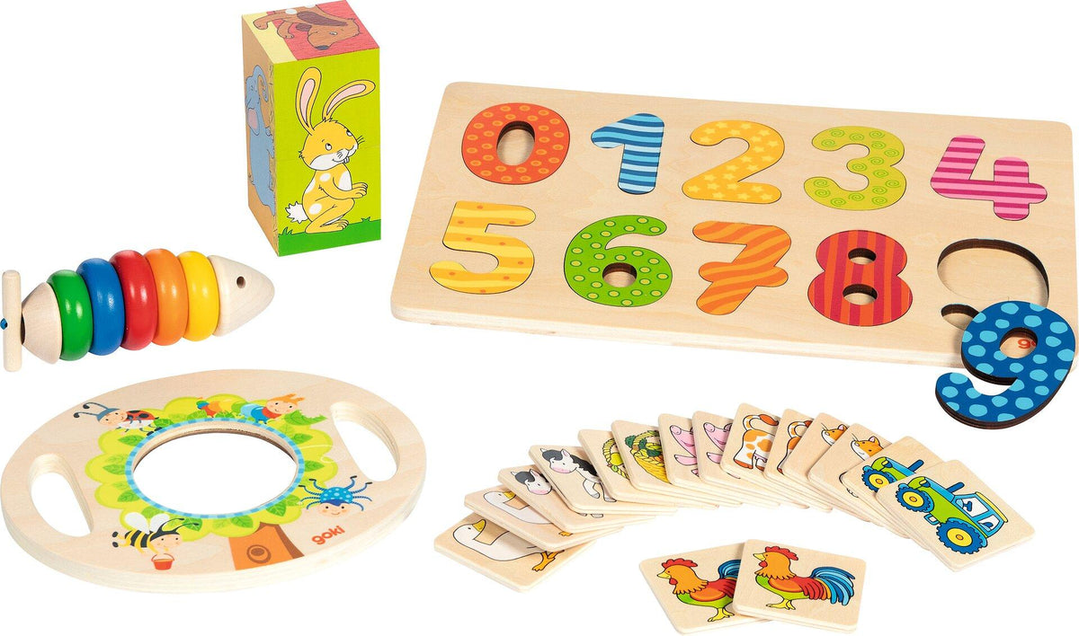 Spielzeug Set mit Zahlenpuzzle, Würfelpuzzle und Memo von goki