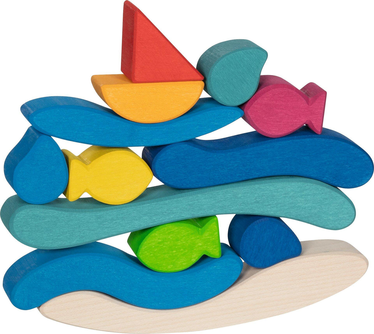 Stapelspiel Wasserwelt mit Wellen und Fischen aus Holz – weitere Ansicht