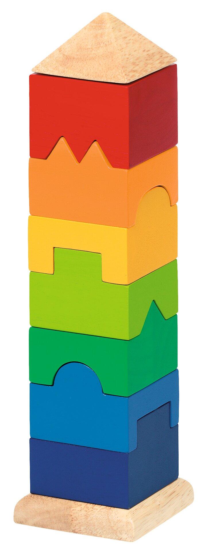 Stapelturm in Regenbogenfarben mit Spitzdach aus Holz – Ansicht