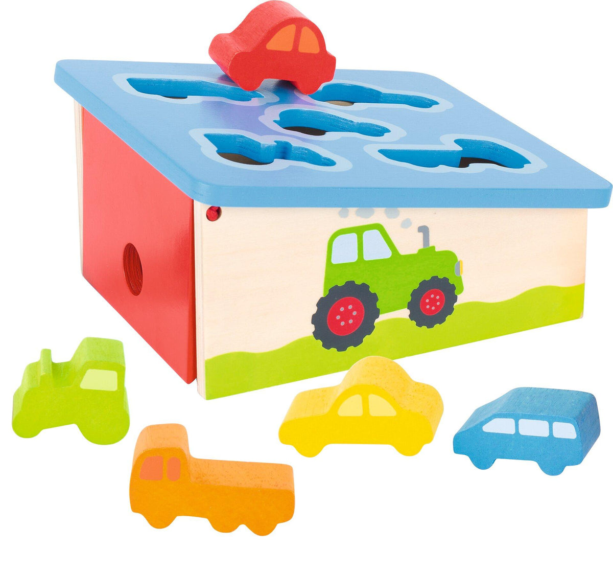 Steckbox Fahrzeuge mit fünf Holzfahrzeugen von goki – Ansicht