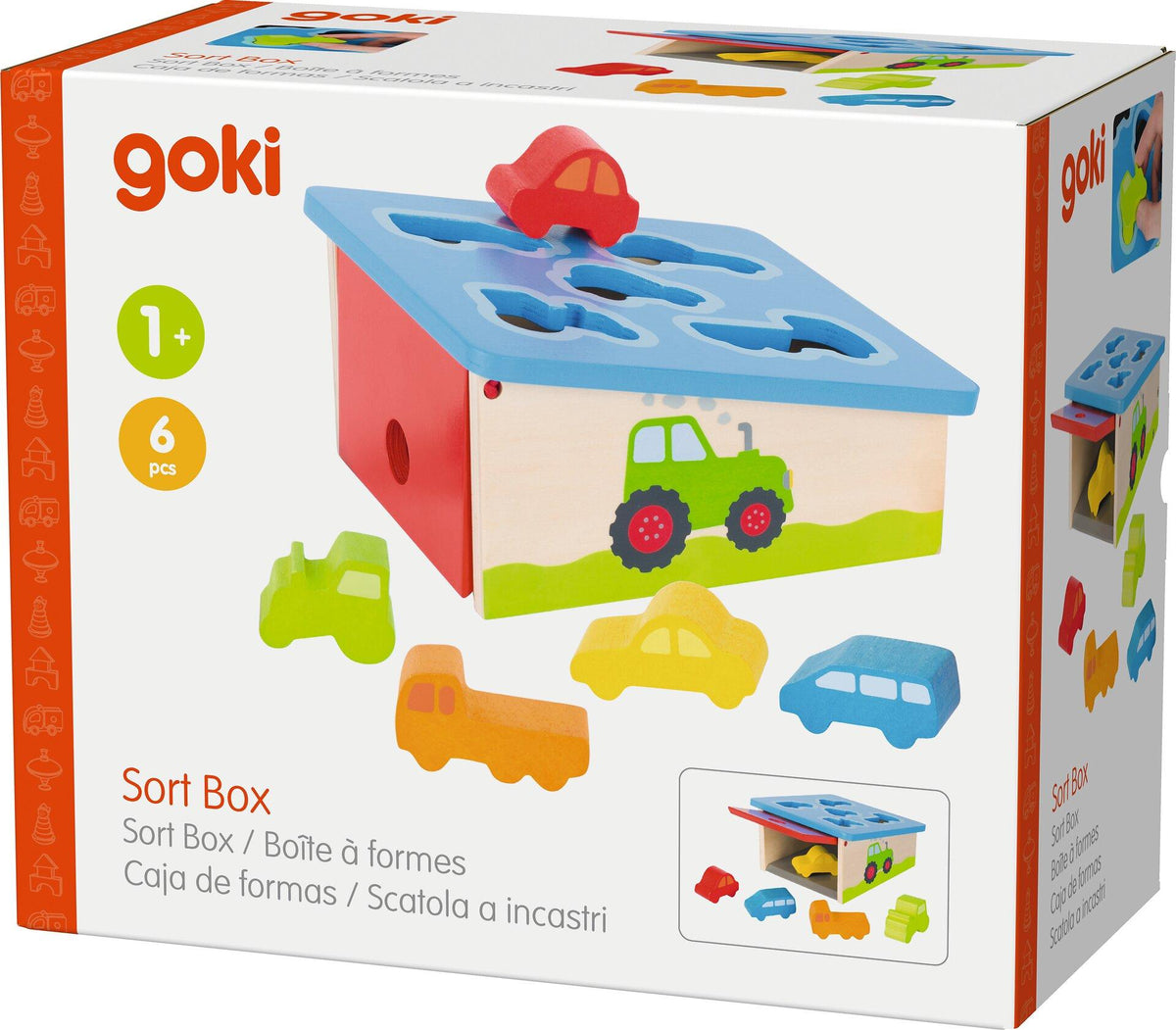 Steckbox Fahrzeuge mit fünf Holzfahrzeugen von goki – Verpackung