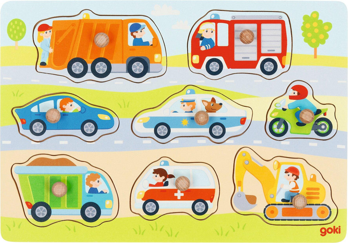 Steckpuzzle Fahrzeuge mit Müllwagen und Bagger von goki – Ansicht