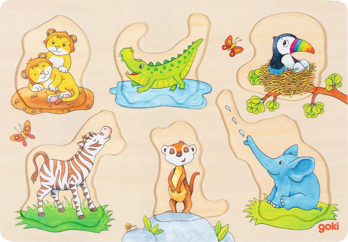 Steckpuzzle Tierkinder mit Elefant, Zebra und Tukan von goki