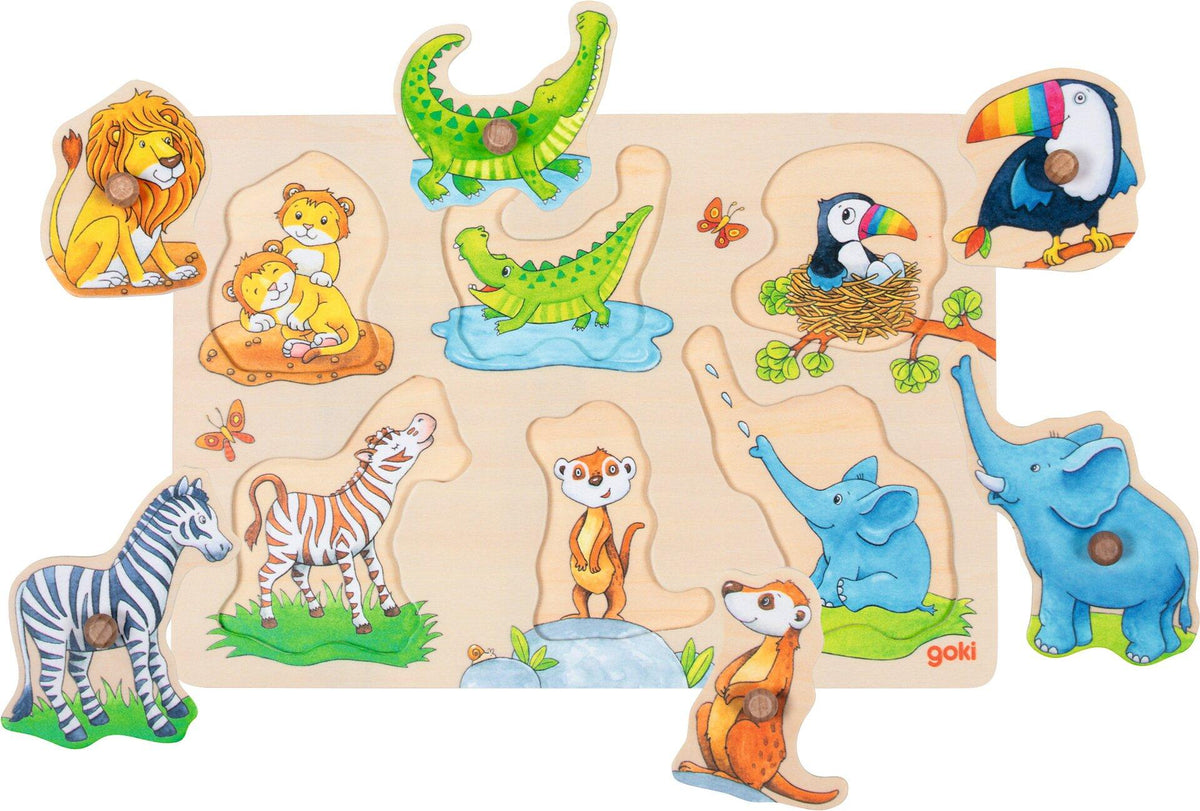 Steckpuzzle Tierkinder mit Elefant, Zebra und Tukan von goki – Detail