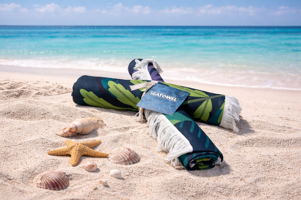 Strandtuch mit vollflächigem Fotodruck und Fransen – 100 x 170 cm