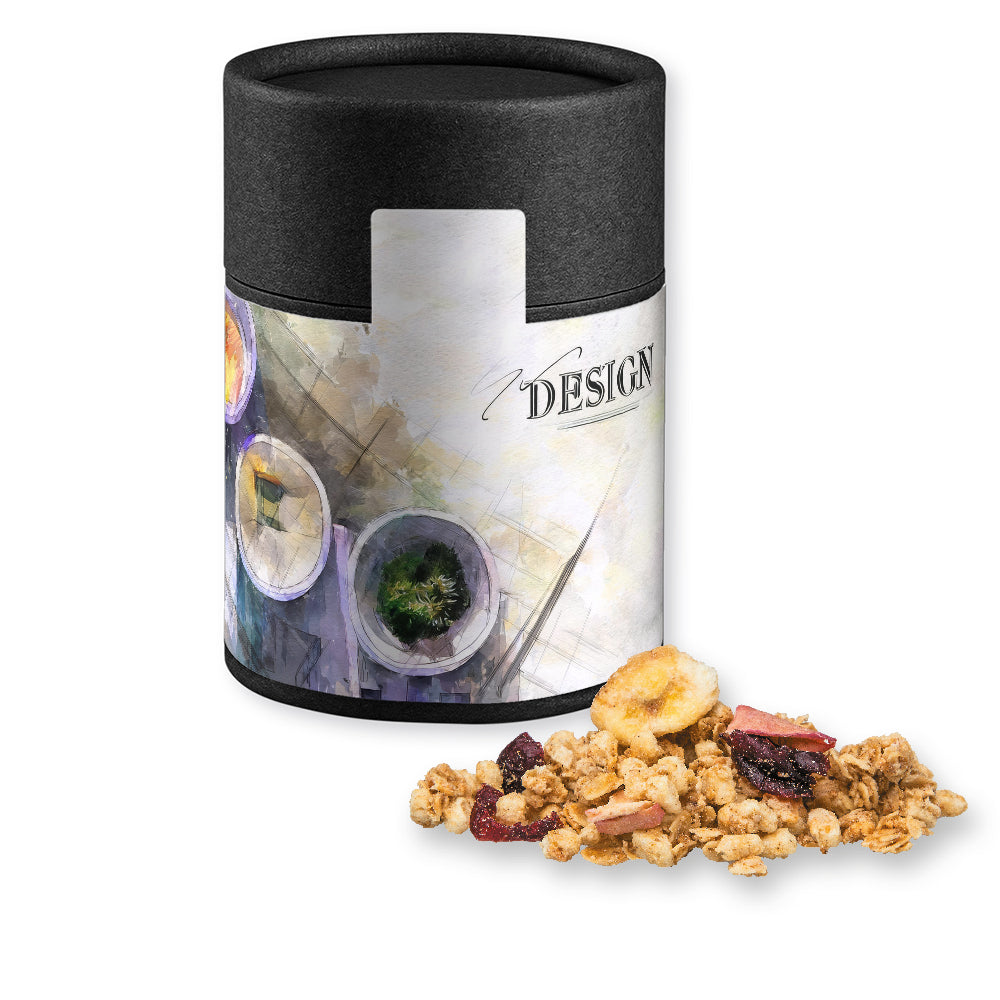 Studentenfutter in der schwarzen Kraftpapierdose – Müsli Knusper Früchte, ca. 50 g