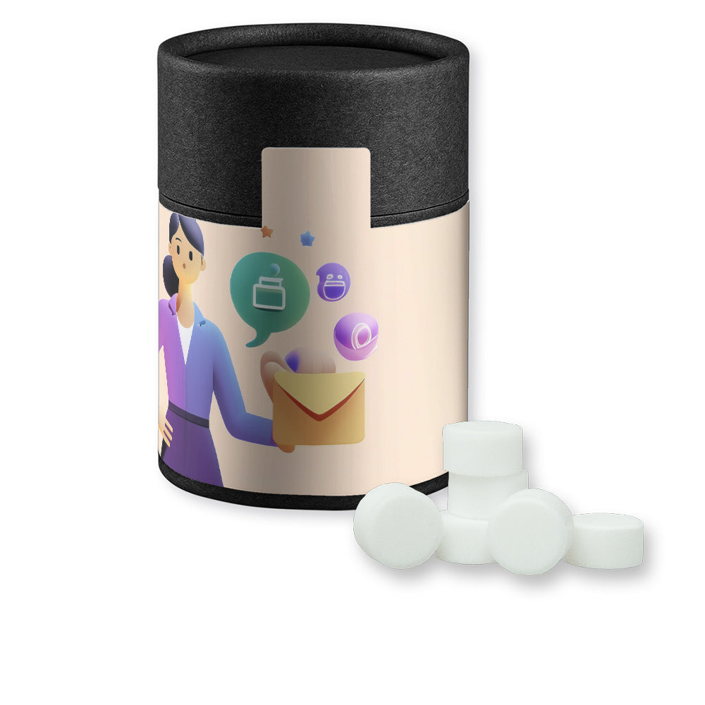 Studentenfutter in der schwarzen Kraftpapierdose – Pfefferminz Drops zuckerfrei, ca. 80 g