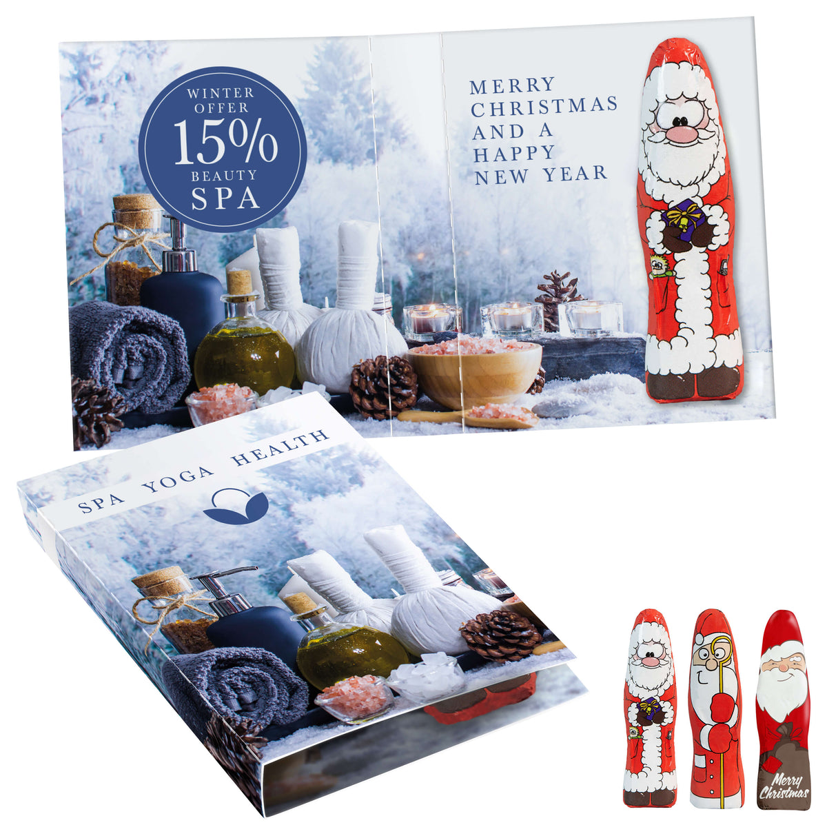 Faltkarte mit Mini Schoko Weihnachtsmännchen und weihnachtlichem Motiv