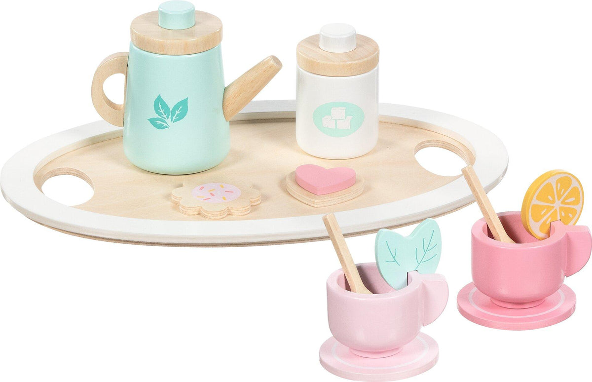 Teeservice aus Holz in Pastell mit Kanne und 13 Teilen – Detailansicht
