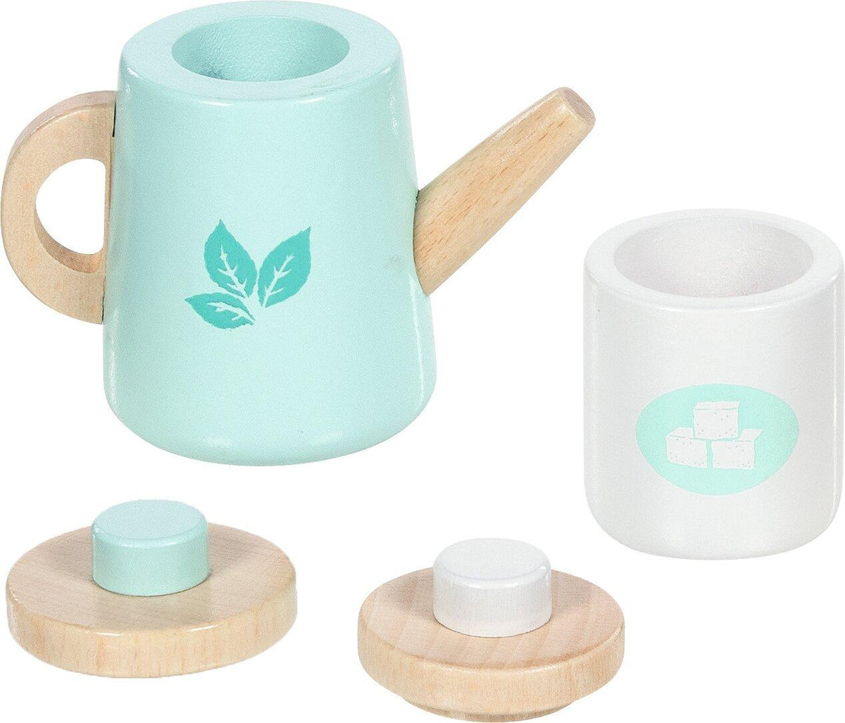 Teeservice aus Holz in Pastell mit Kanne und 13 Teilen – Schrägansicht