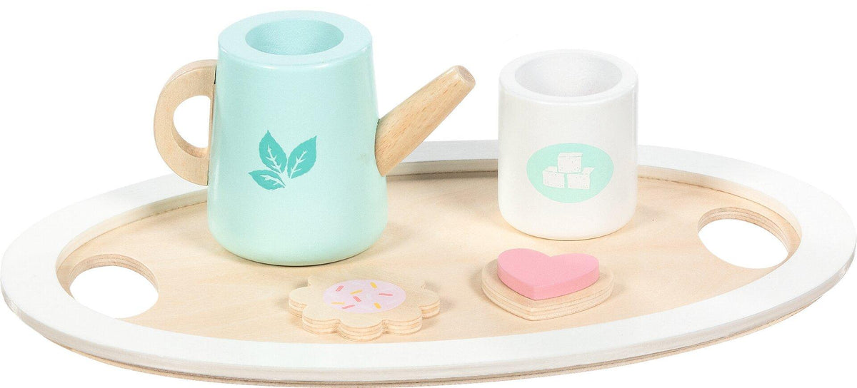 Teeservice aus Holz in Pastell mit Kanne und 13 Teilen – Draufsicht