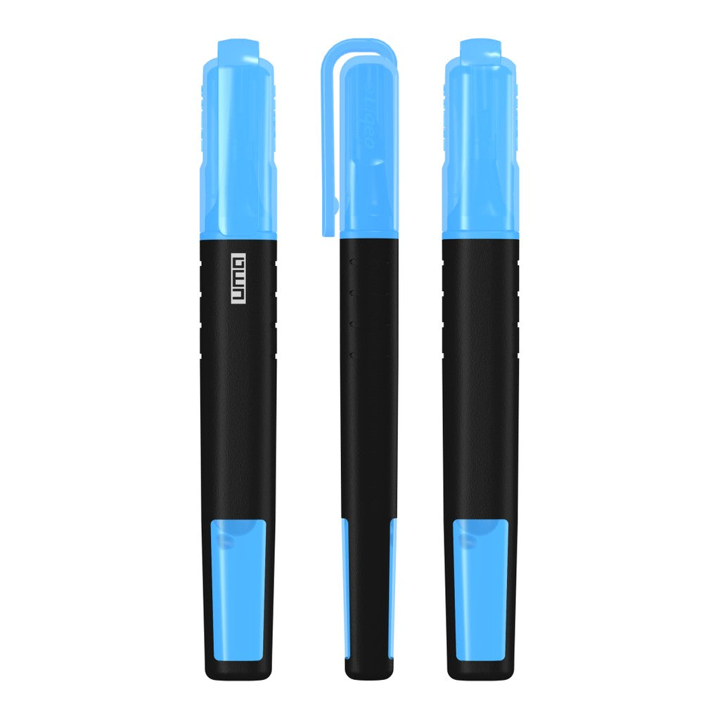 Textmarker in Stiftform mit transparenter Kappe – Neonblau
