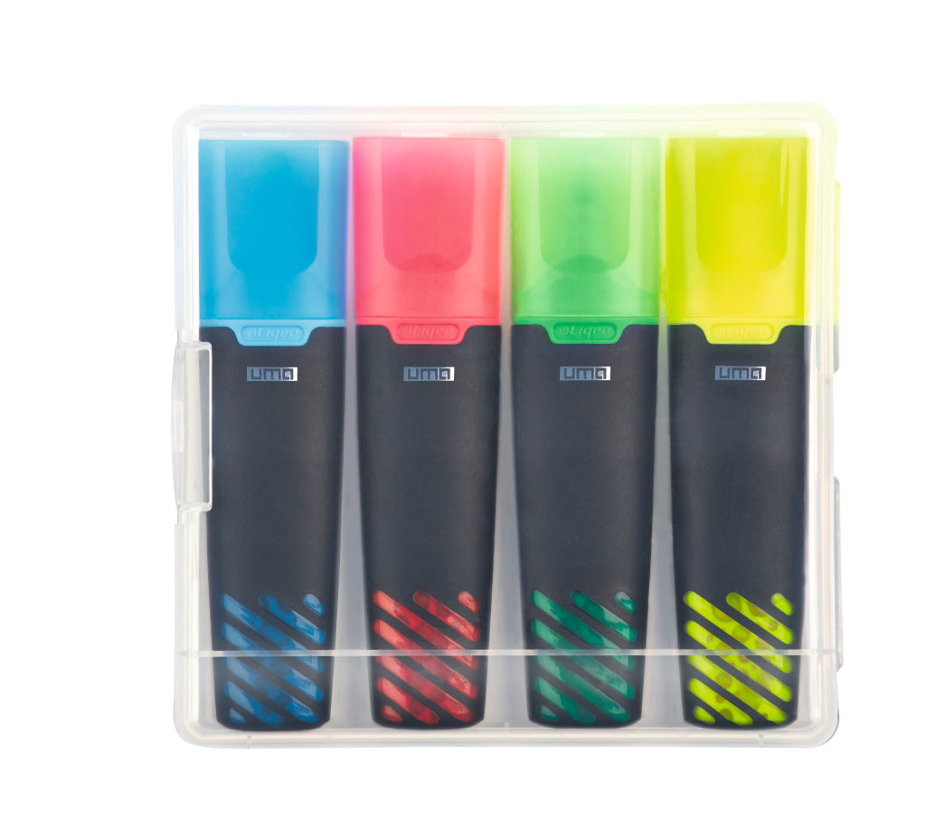 Textmarkerset mit vier Farben in transparenter Box – Kombination 1