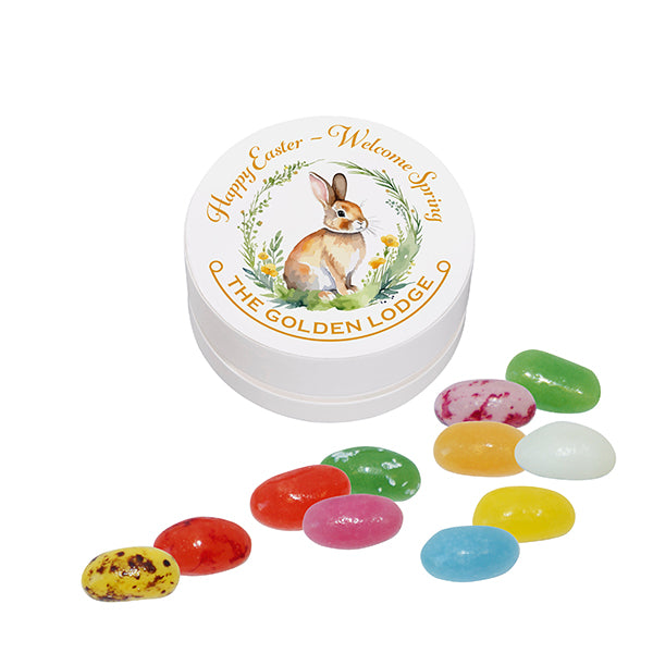 Weiße Papierdose mit bunten Jelly Beans als Füllvariante