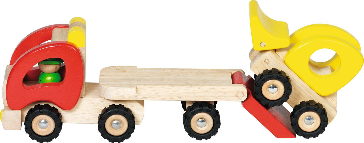 Tieflader mit Radlader aus Holz in Rot und Gelb – Detailansicht