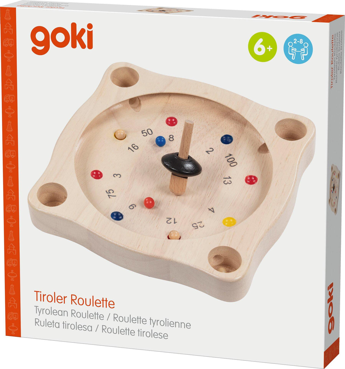 Tiroler Roulette Holzspiel mit Drehkreisel und Kugeln – Verpackung