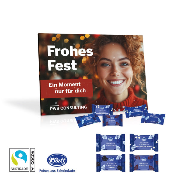 Tisch Adventskalender mit Klett Fairtrade Schokolade mit Logo bedrucken