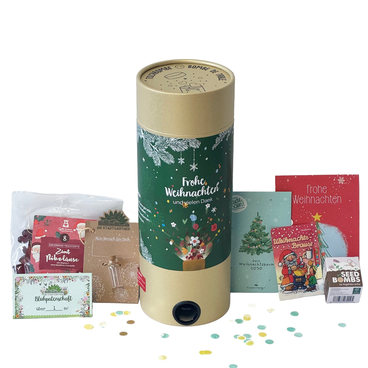 Tischbombe zur Weihnachtsfeier mit Saatgut und Logo