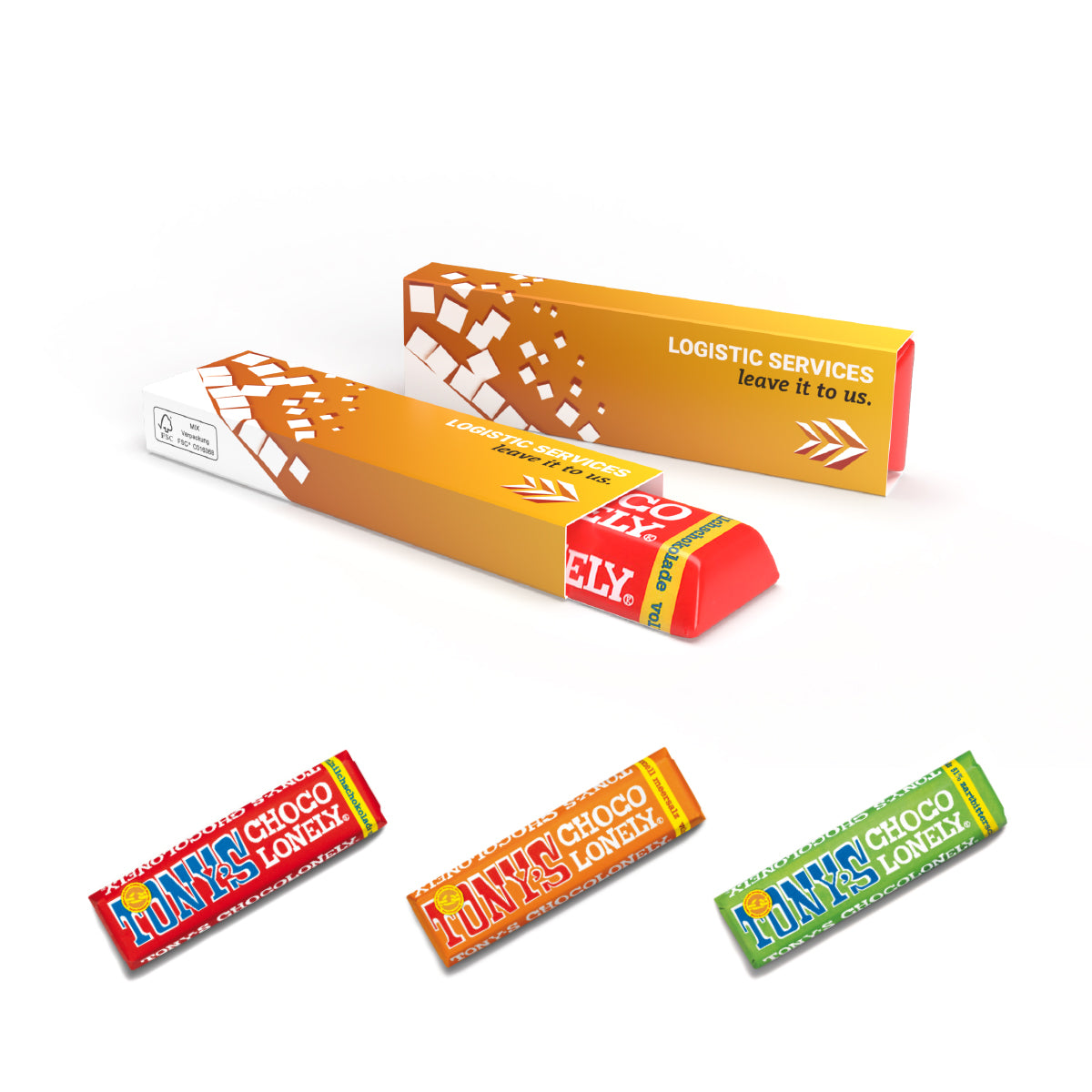 Tony's Chocolonely Riegel im bedruckten Werbeschuber