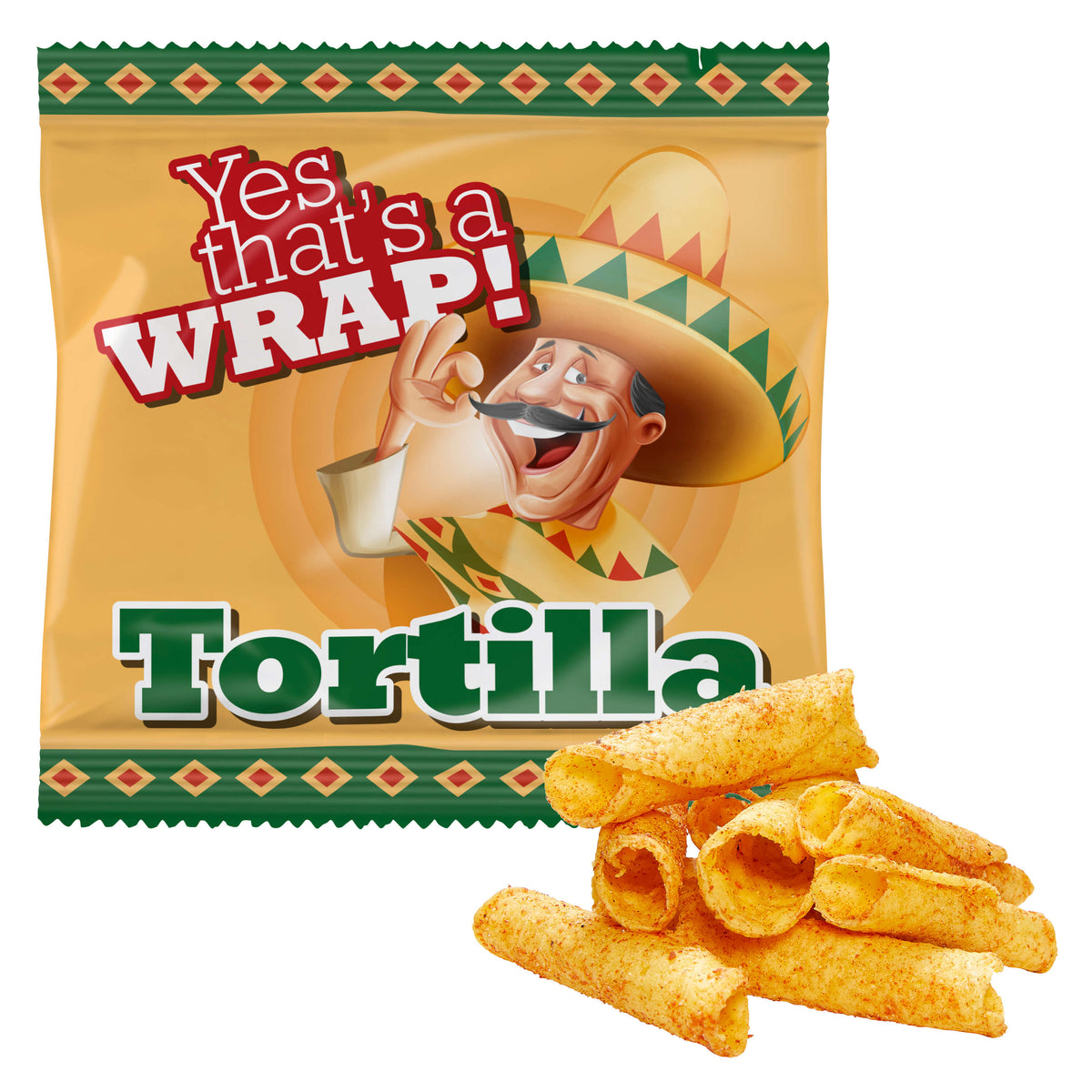 Tortilla Röllchen im quadratischen weißen bedruckten Werbetütchen