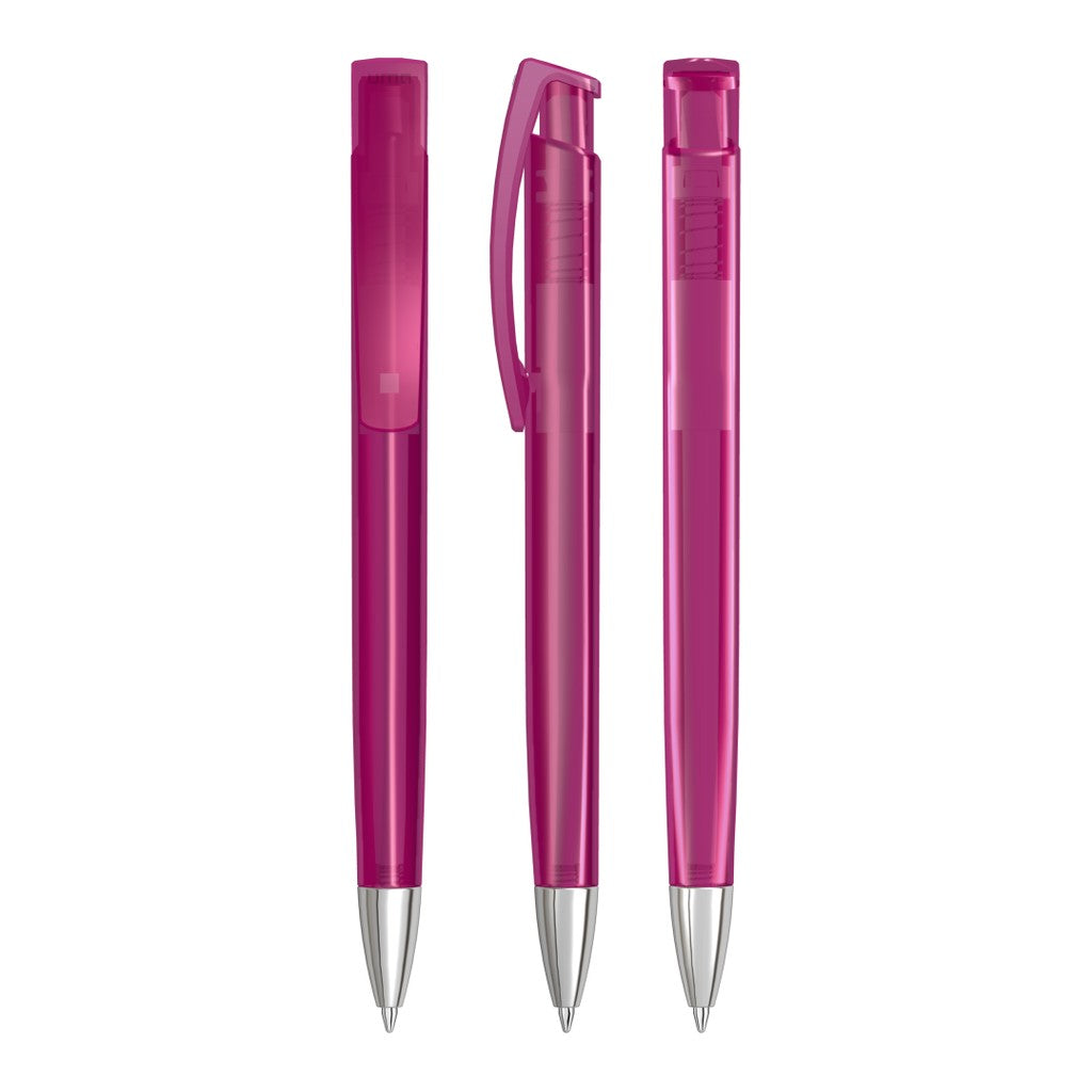 Transparenter Druckkugelschreiber im Dreikantdesign – Magenta