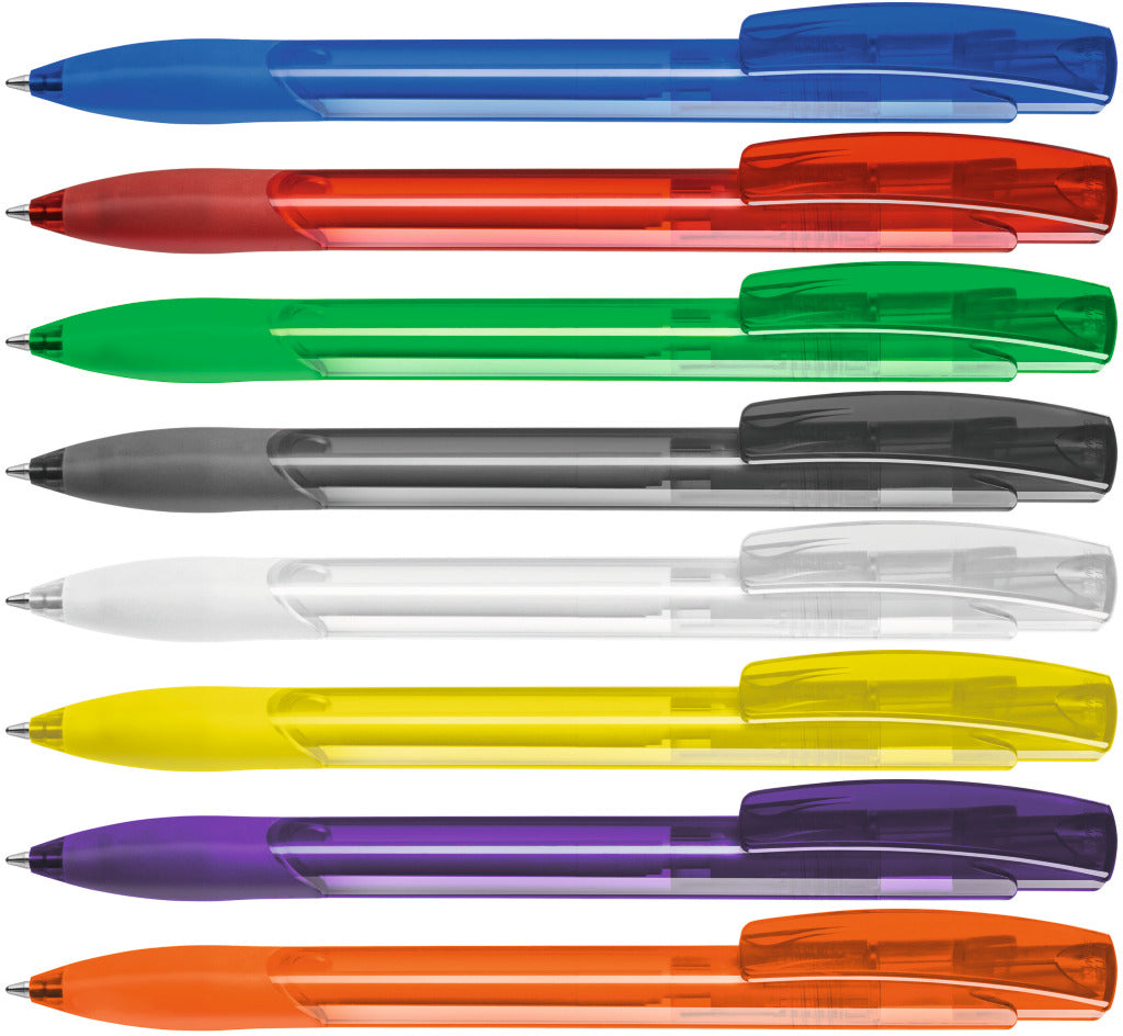 Transparenter Druckkugelschreiber mit Gummigriffzone – alle Farben
