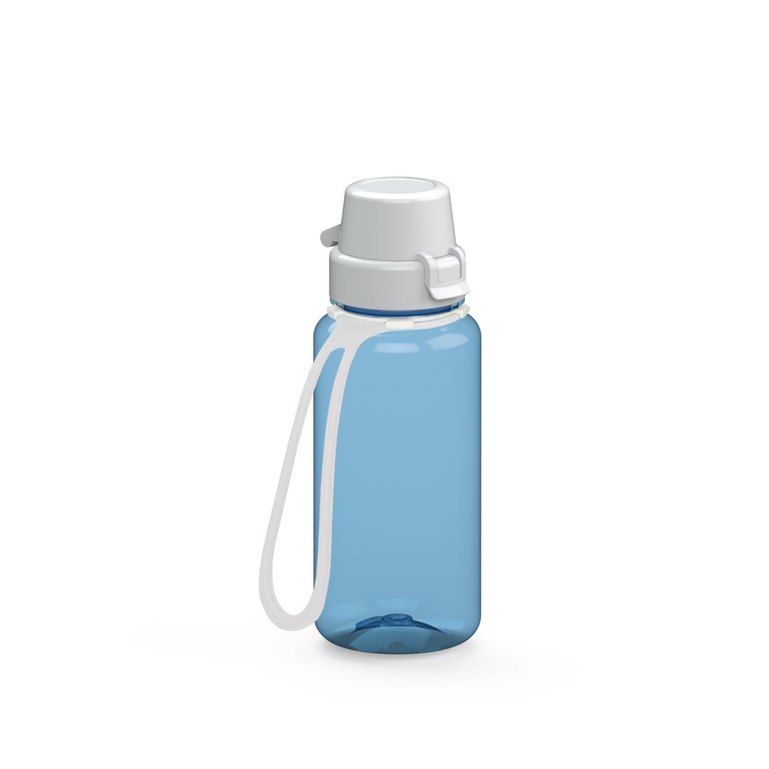 Trinkflasche „School“, 400 ml, inkl. Strap – Transluzent blau / Weiß