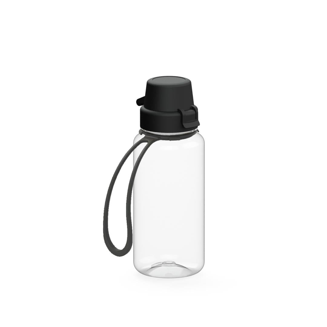 Trinkflasche „School“, 400 ml, inkl. Strap – Transparent / Schwarz