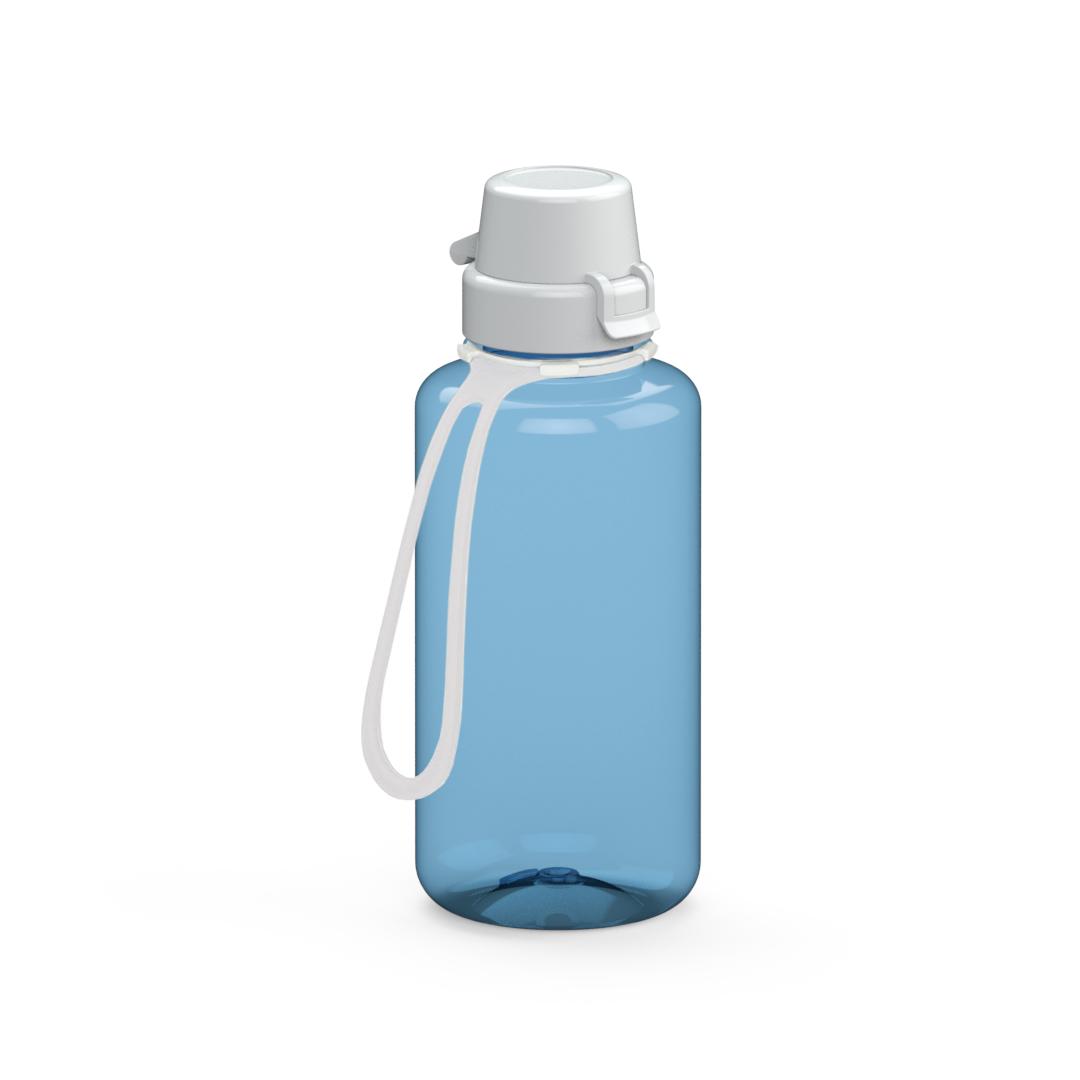 Trinkflasche „School“, 700 ml, inkl. Strap – Transluzent blau / Weiß